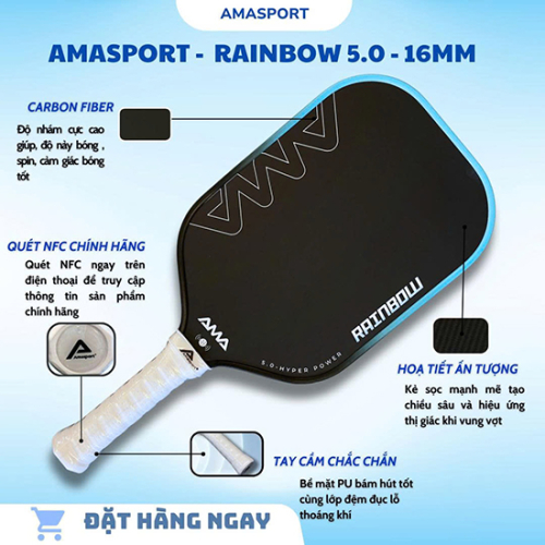 Vợt pickleball AMA SPORT RAINBOW 5.0 - 16mm - Viền xanh ngọc
